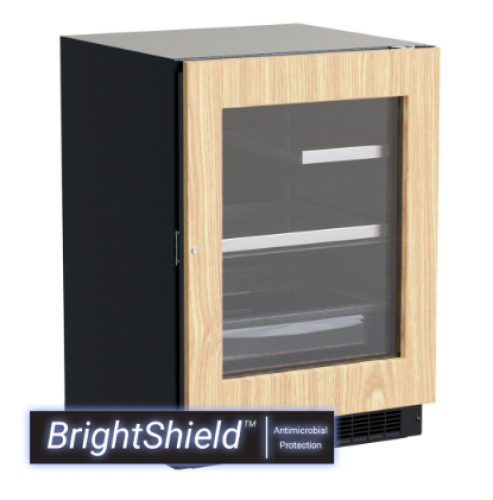 24-inch black beverage center with wood-framed glass door and antimicrobial BrightShield protection in appliances collection