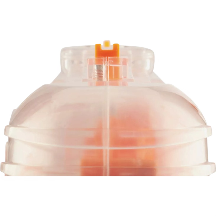 Clear plastic spring-loaded bug shooter head with orange trigger components for insect and pest control tools