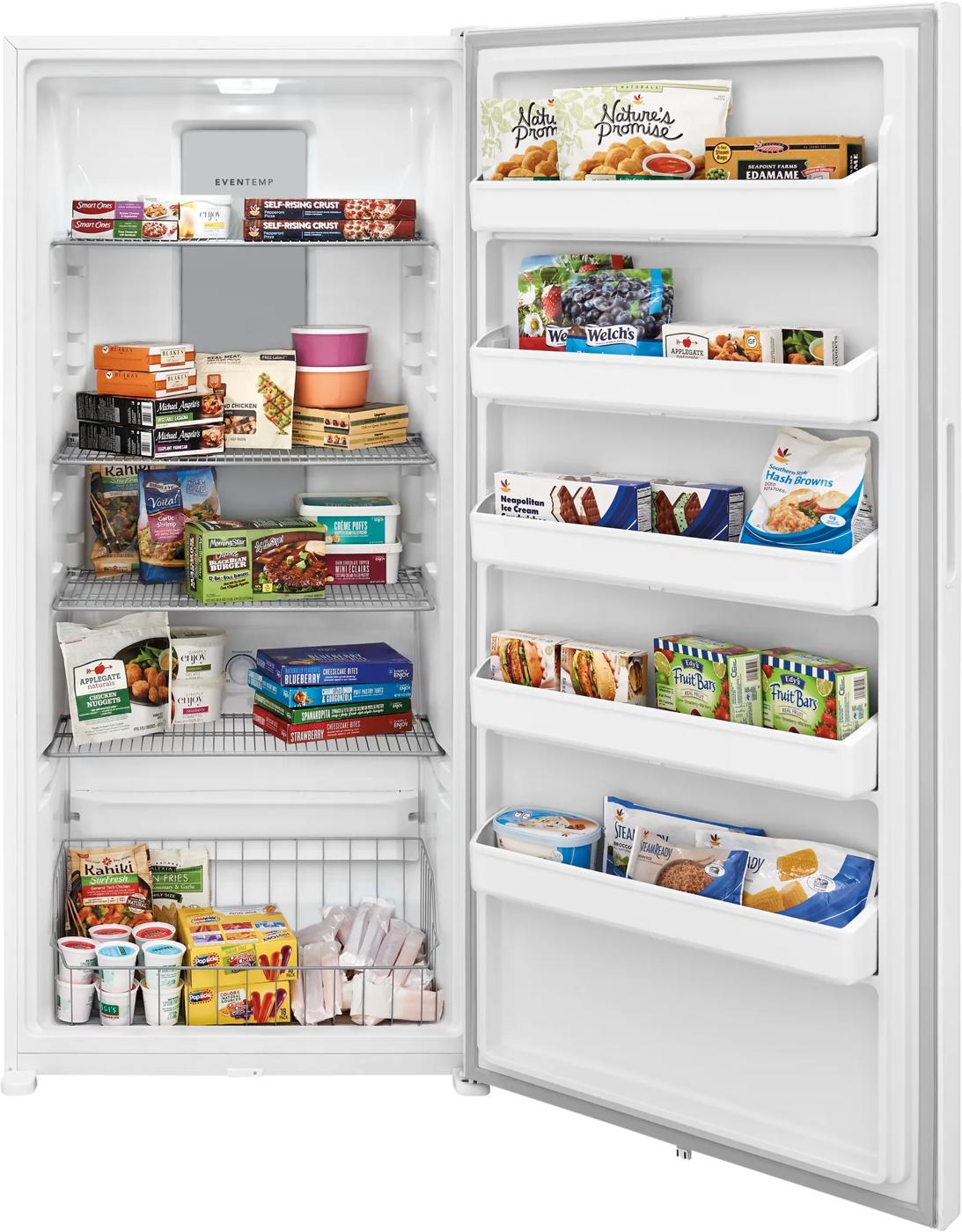 Open white upright freezer filled with various frozen foods in Freezers & Ice Makers and Kitchen & Kitchenware collections