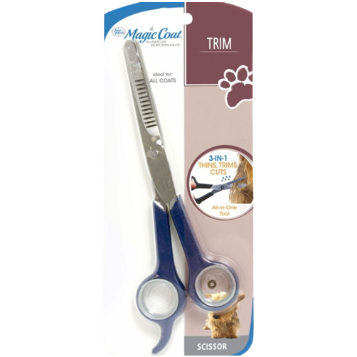 Blue-handled 3-in-1 trimming scissors designed for thinning, trimming, and cutting pet coats in home grooming tasks