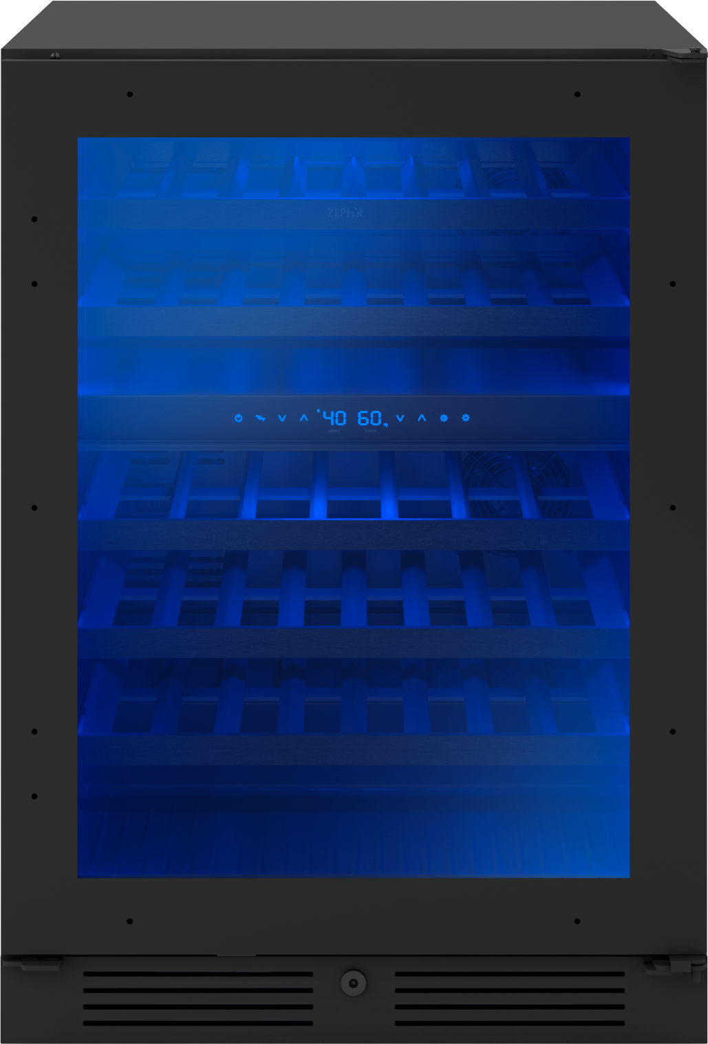 Black-framed dual zone wine cooler with blue interior lighting and visible digital temperature controls in kitchen appliance setting