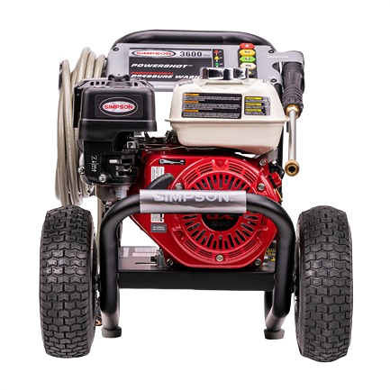 Front view of Simpson PowerShot pressure washer with red engine, black frame, large wheels, and coiled hose for home use