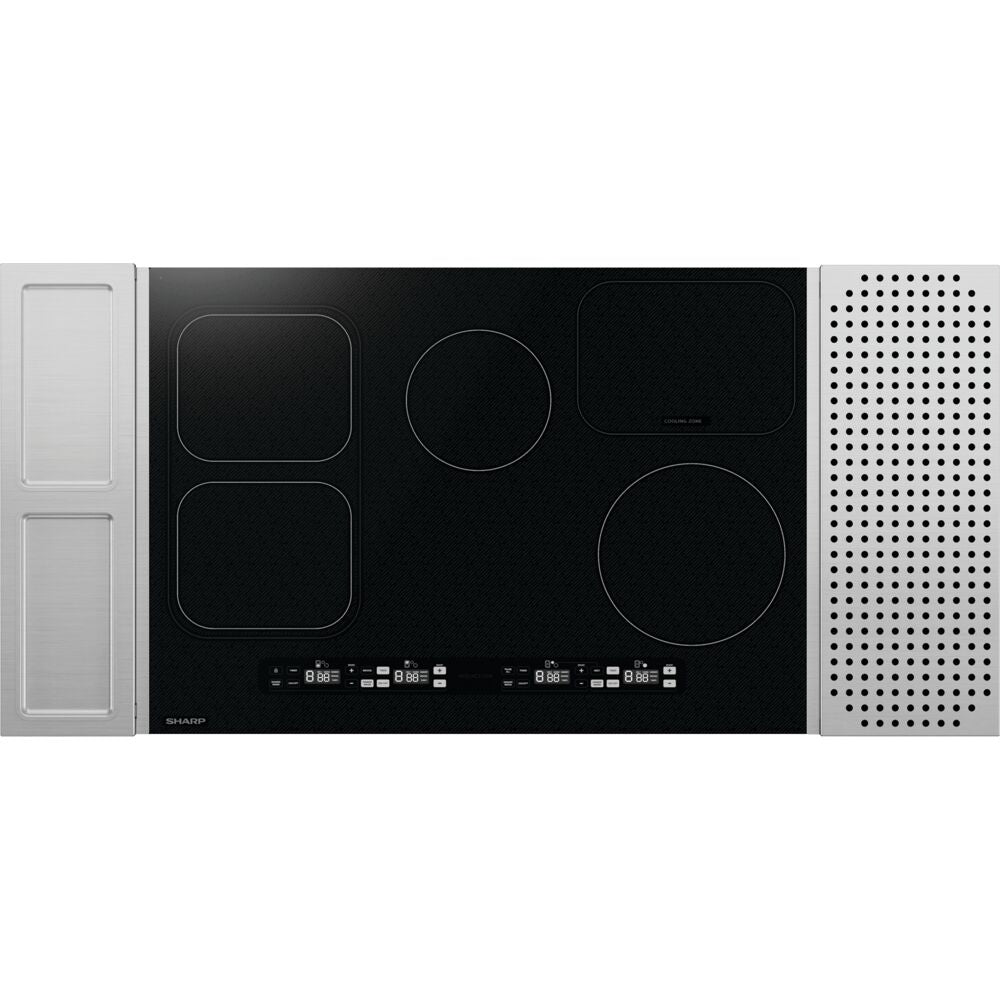 Black induction cooktop with four distinct heating zones and integrated digital controls in kitchen appliances collection