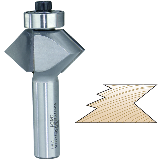 Carbide-tipped edge banding bit for power tools with angled cutting edges and bearing guide for woodworking projects