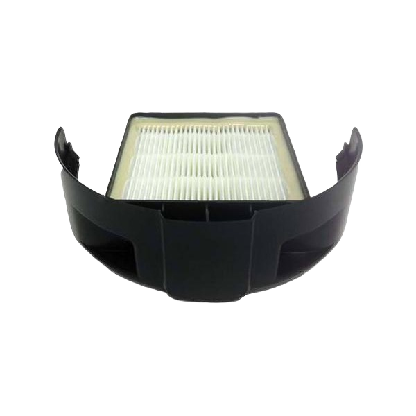 HEPA filter cartridge with pleated white filter media and black plastic housing for home improvement use