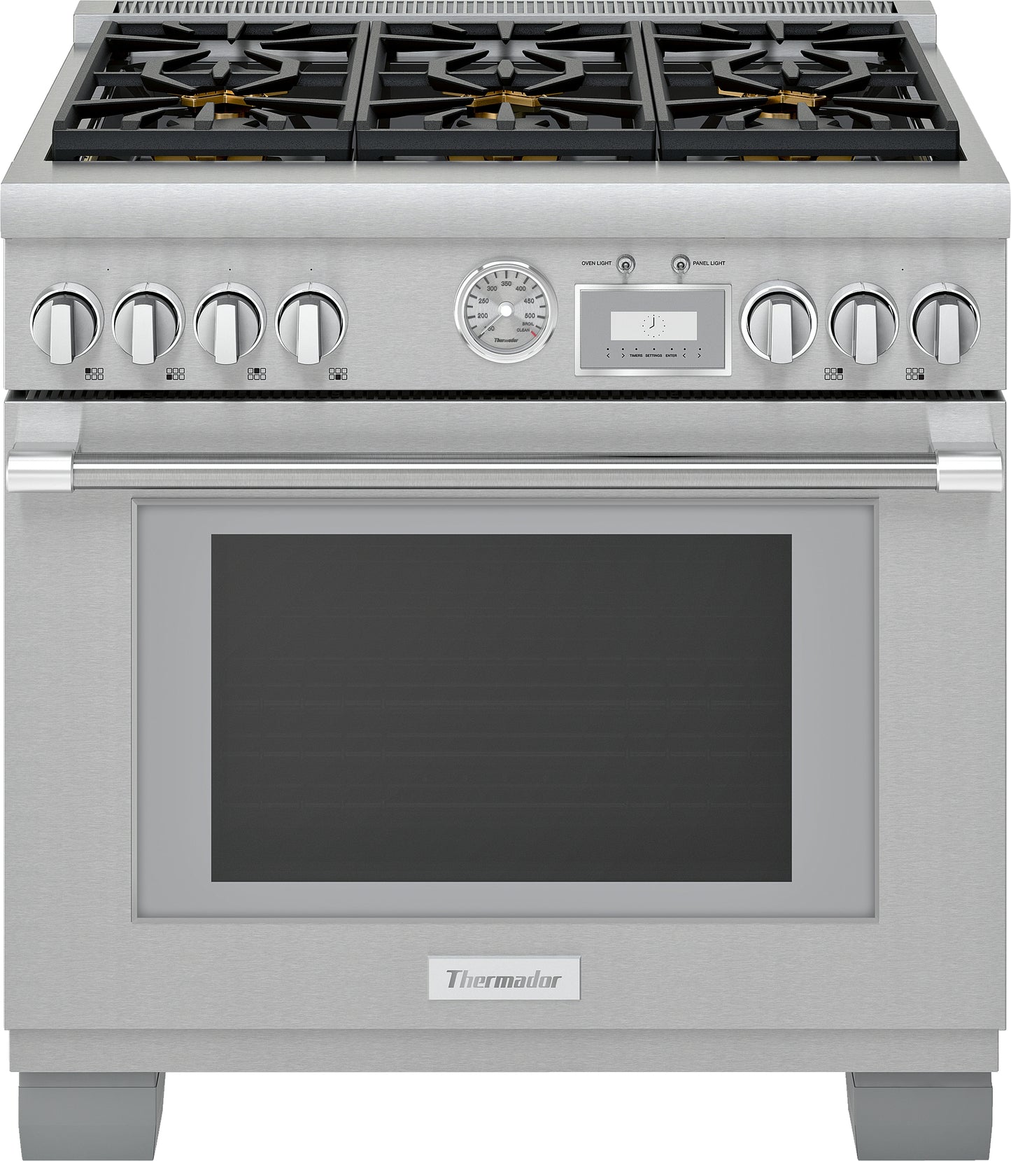 stainless steel professional gas range with six burners and digital control panel in kitchen appliances collection
