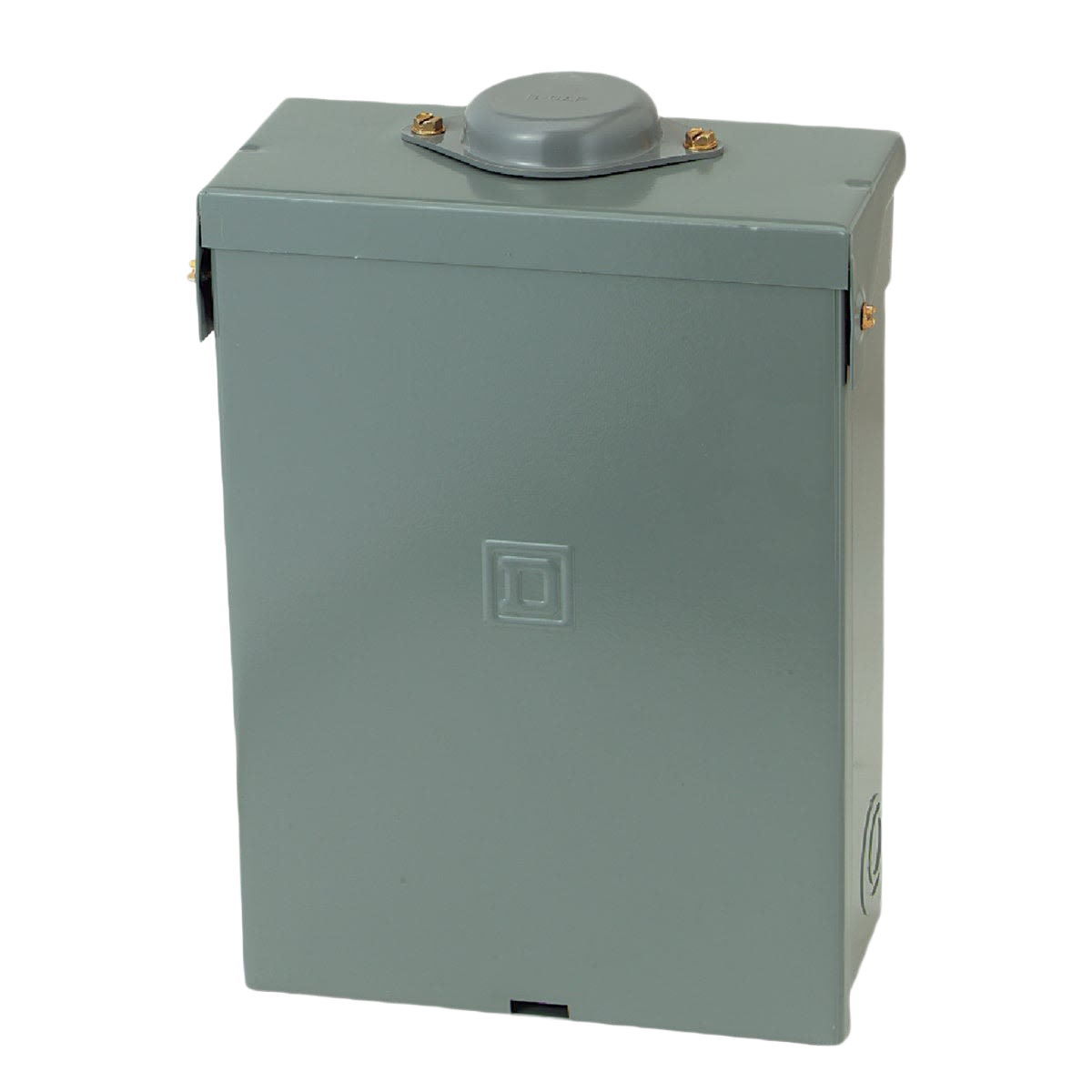Gray metal outdoor electrical load center with circular conduit entry and embossed logo in breakers and electrical collection