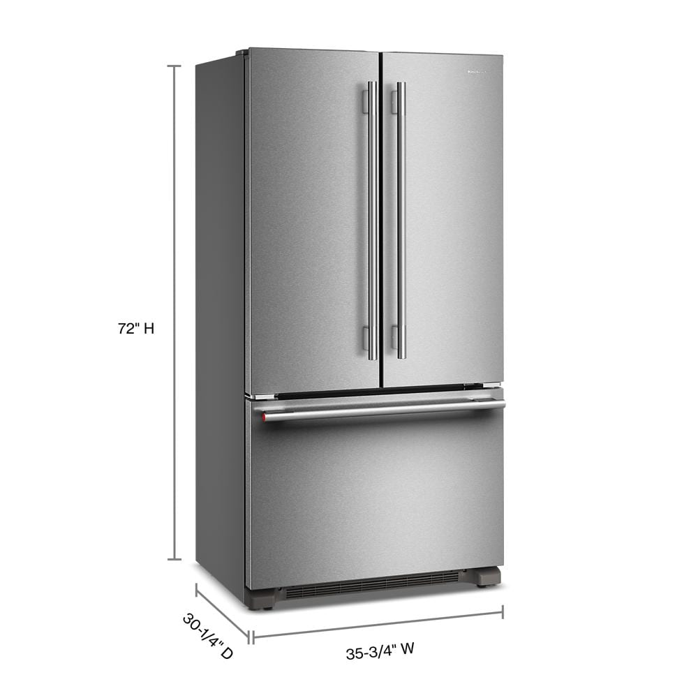 Silver stainless steel counter-depth French door refrigerator with bottom freezer and sleek vertical handles