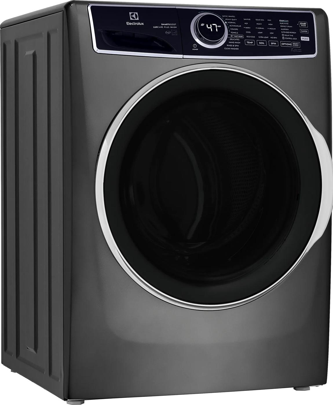 Dark gray front load washer with digital control panel and circular door from front load washers collection