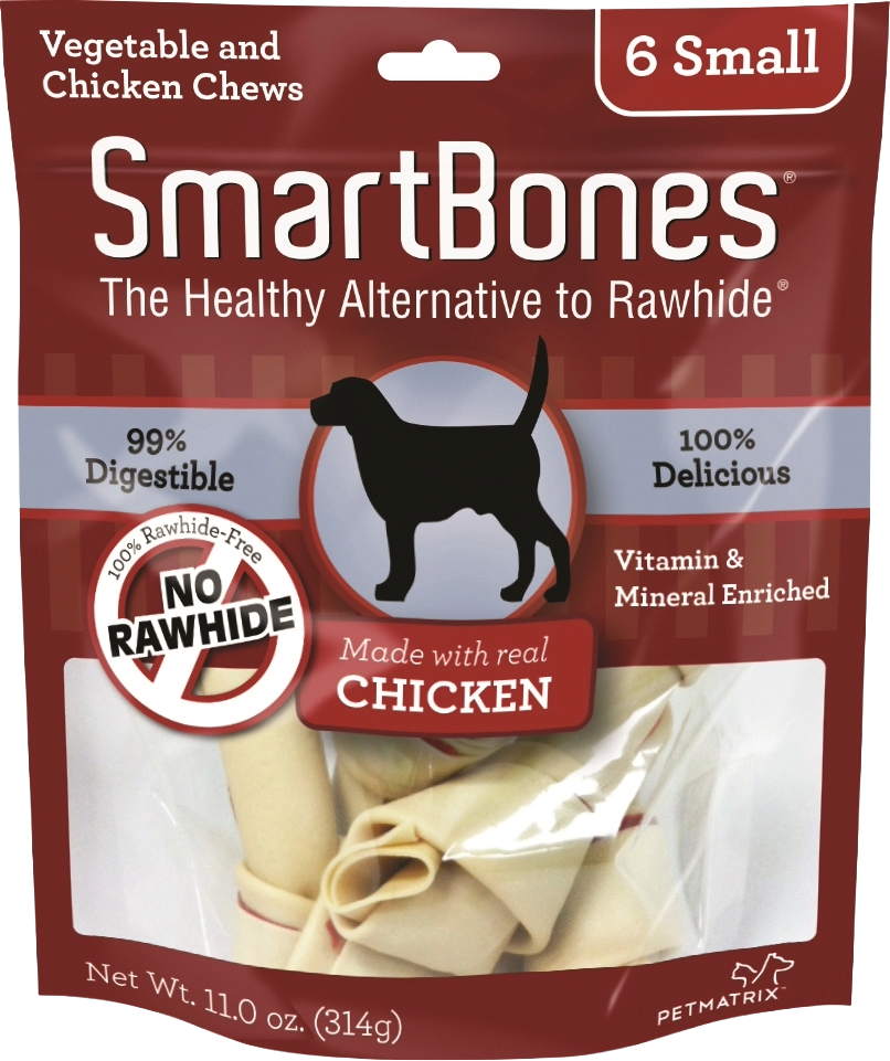 Package of six small chicken and vegetable dog chews that are rawhide-free and vitamin enriched from pet treats collection.