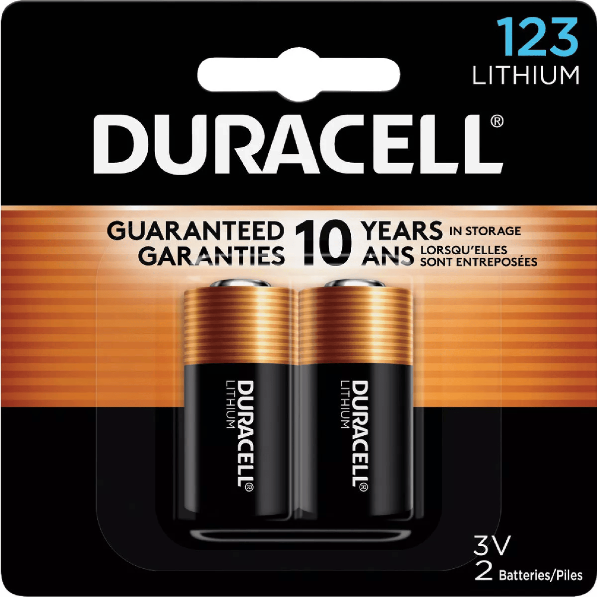 Two-pack of Duracell lithium 123 batteries with 10-year storage life, household items under $50 collection