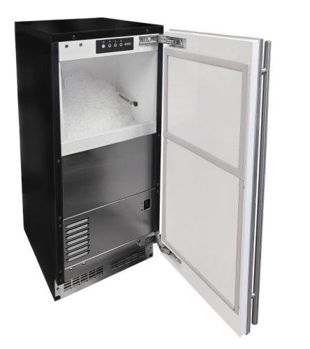 Black and stainless nugget ice machine with open door showing ice compartment for kitchen appliances collection