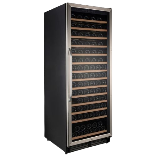 Tall black wine cooler with stainless steel trim and wooden shelves holding bottles from kitchen and appliances collection