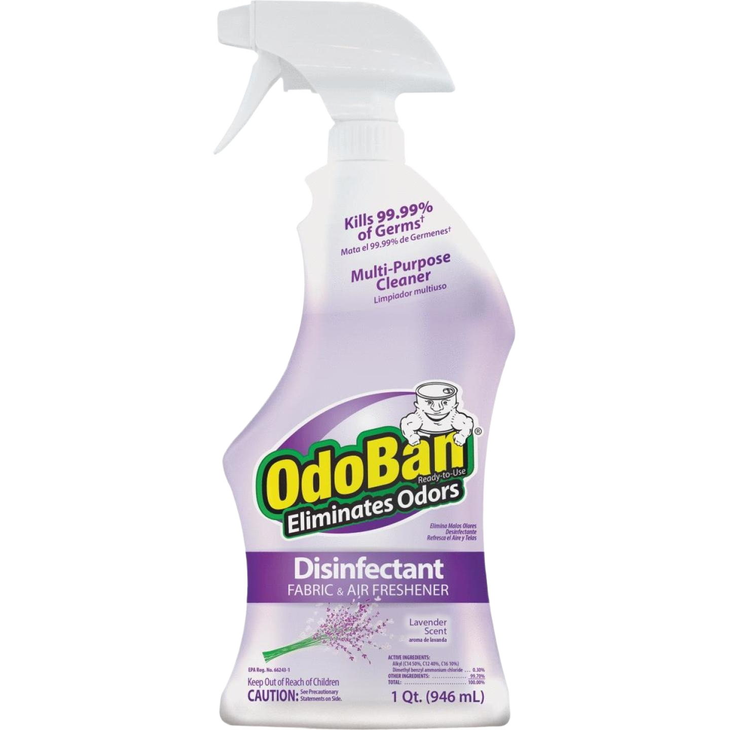 Purple spray bottle of OdoBan disinfectant and fabric sanitizer with lavender scent for household cleaning supplies collections