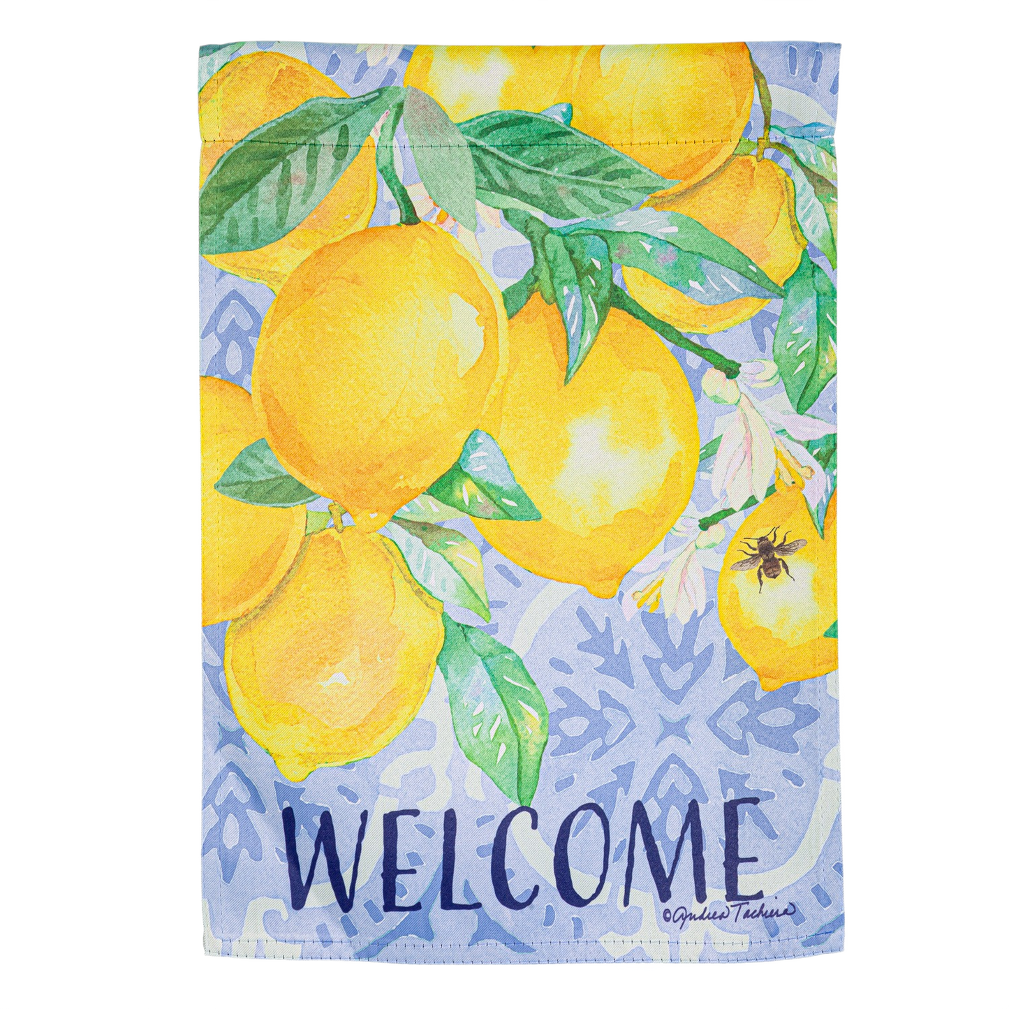 Decorative garden flag with watercolor lemon design and welcome text for outdoor home improvement use