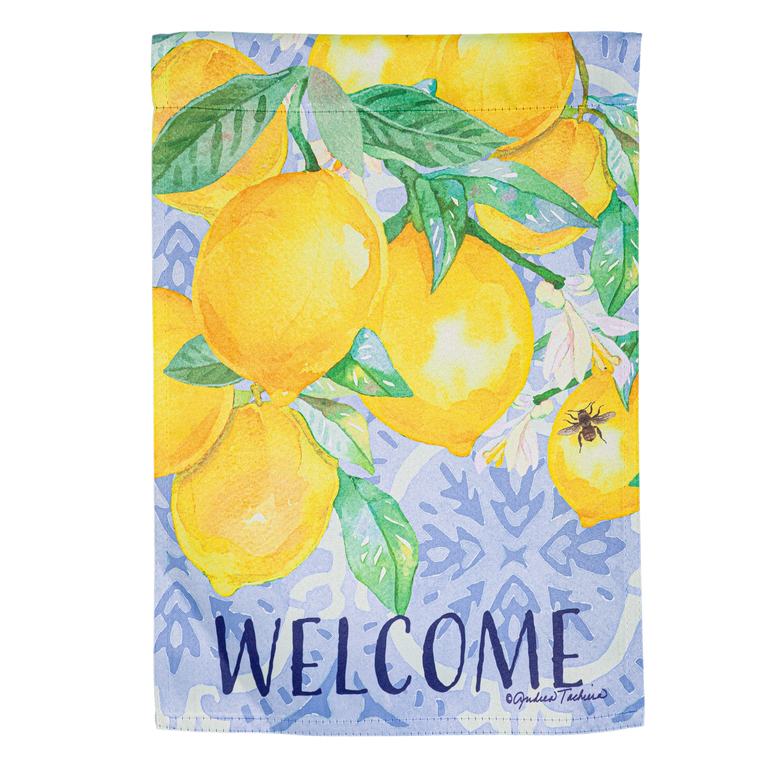 Decorative garden flag with watercolor lemon design and welcome text for outdoor home improvement use