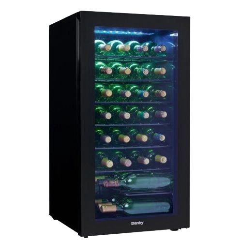 Compact wine cooler with blue LED interior lighting and black wire shelves storing multiple wine bottles