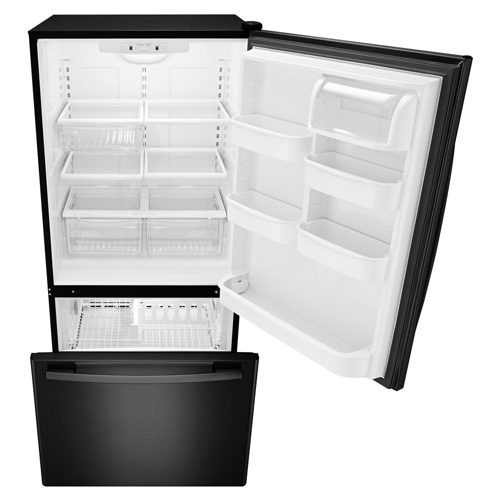 Open black bottom-freezer refrigerator with adjustable bins, clear shelves, and EasyFreezer™ pull-out drawer in kitchen appliances collection