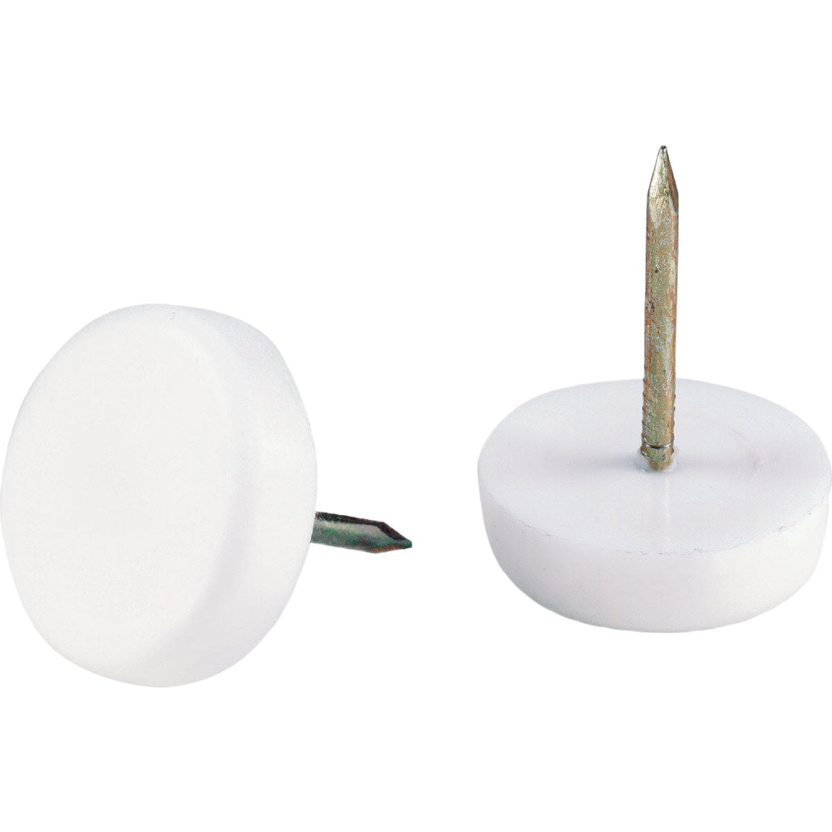 Set of two white plastic round furniture glides with metal nails for home improvement and furniture protection projects