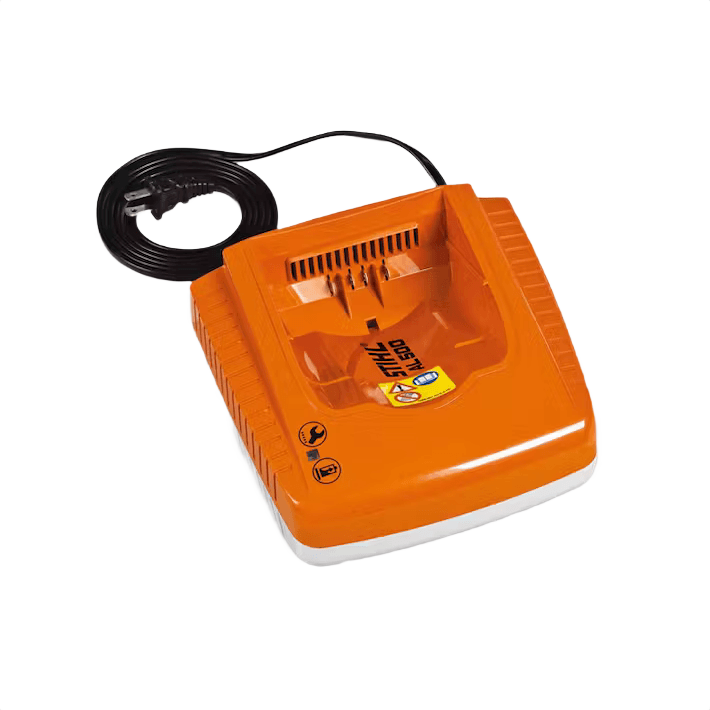Orange high-speed STIHl battery charger with power cord for battery-powered equipment in home improvement tools