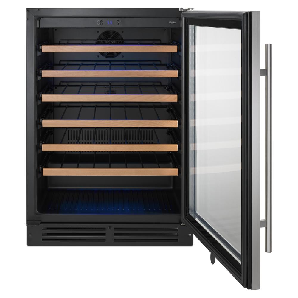 Open undercounter wine cooler with glass door, wooden shelves, LED lighting, and custom temperature control for kitchen appliances