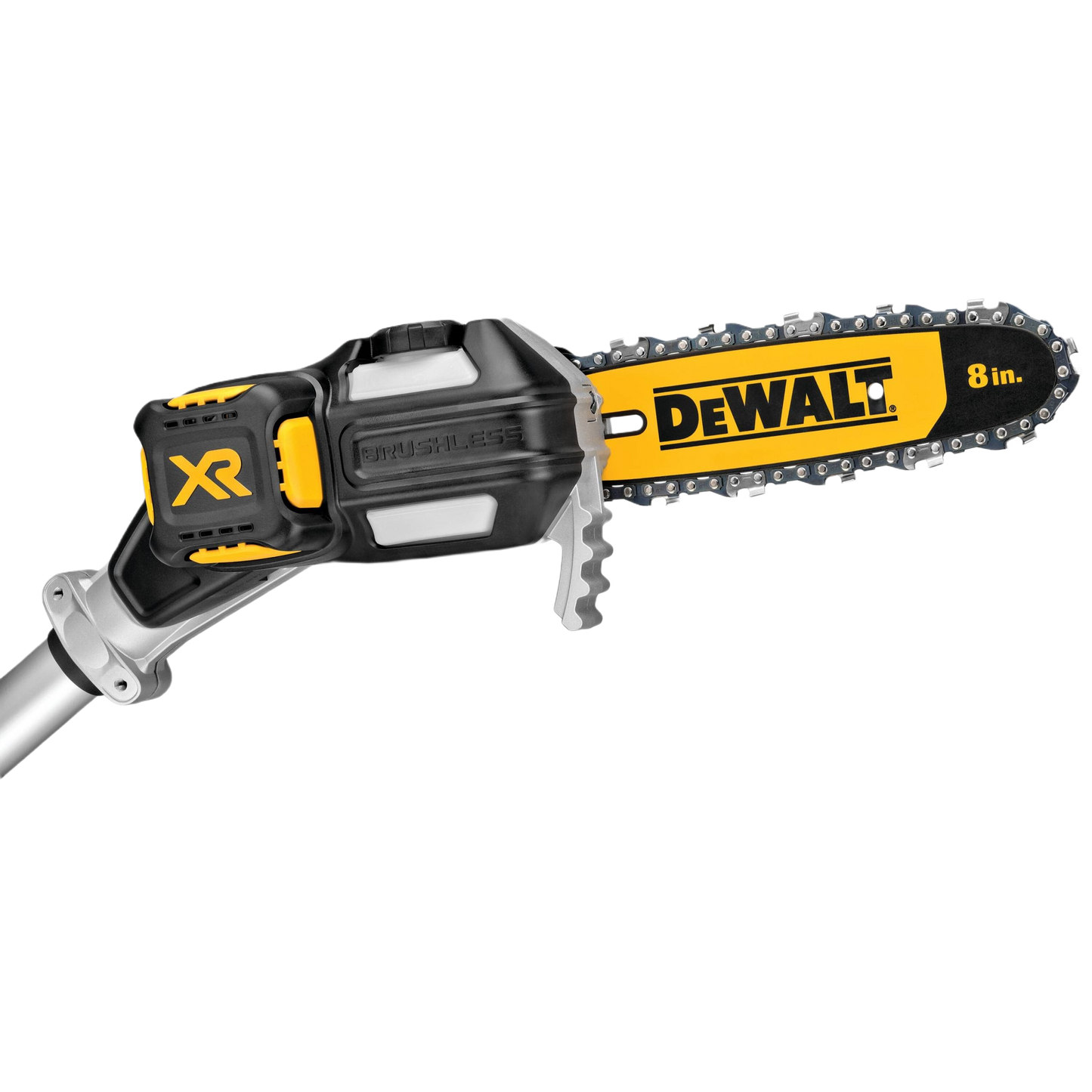 Close-up of cordless brushless pole saw attachment with an 8-inch cutting bar for home improvement use