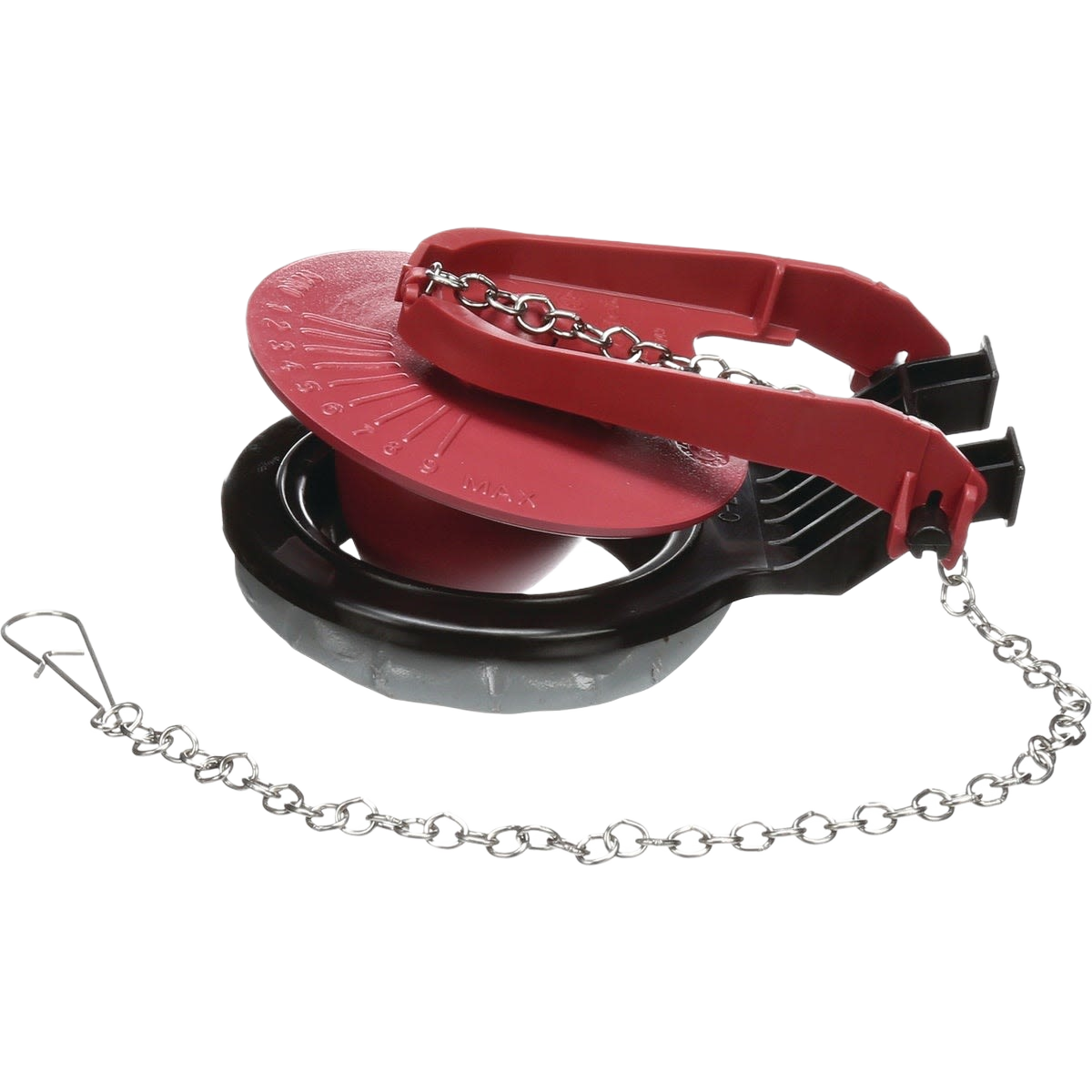 Red and black flush valve repair component with attached metal chain for toilet maintenance in home improvement use