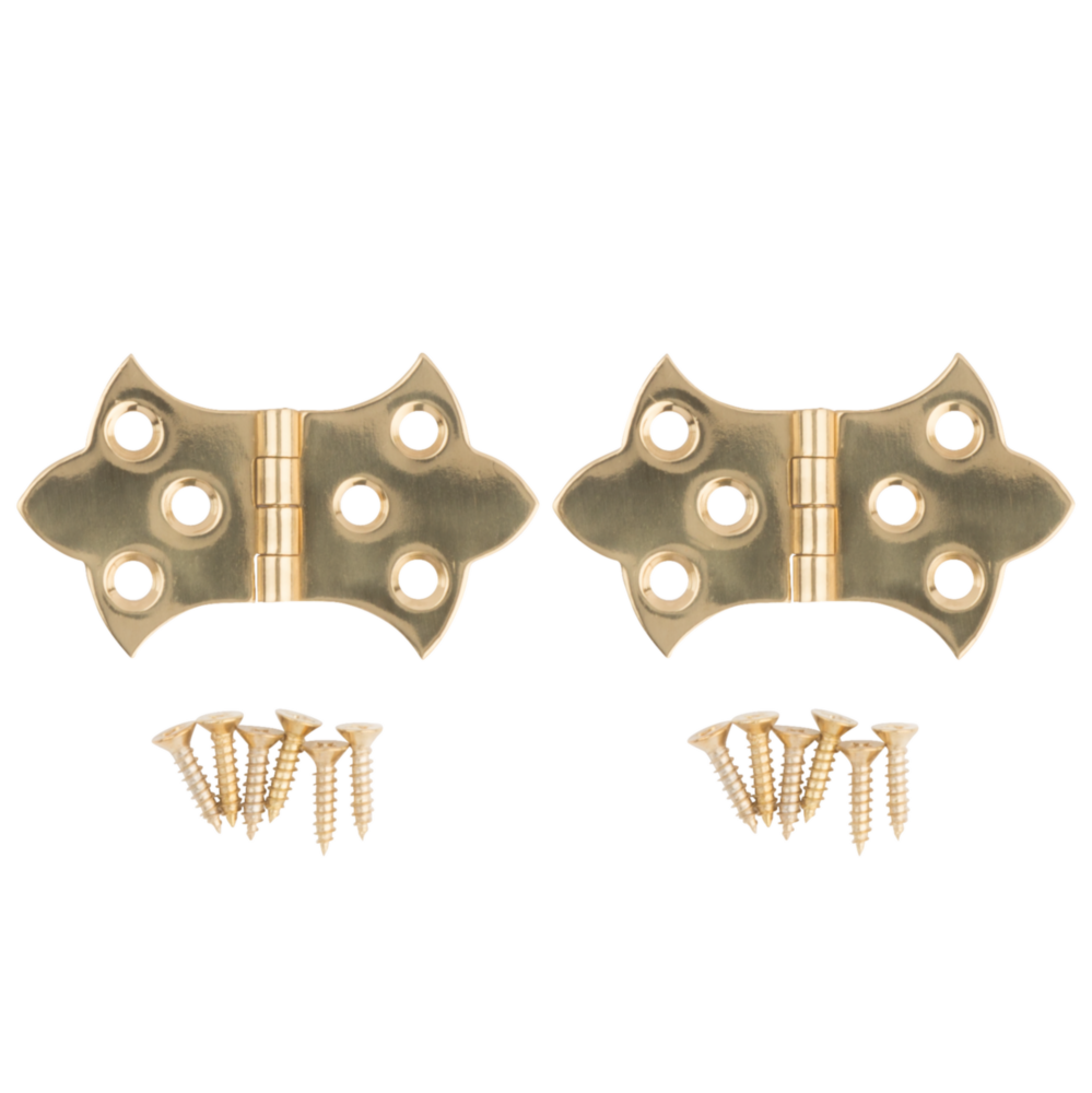 Two solid brass miniature decorative hinges with screws for door hardware and home improvement projects under $50