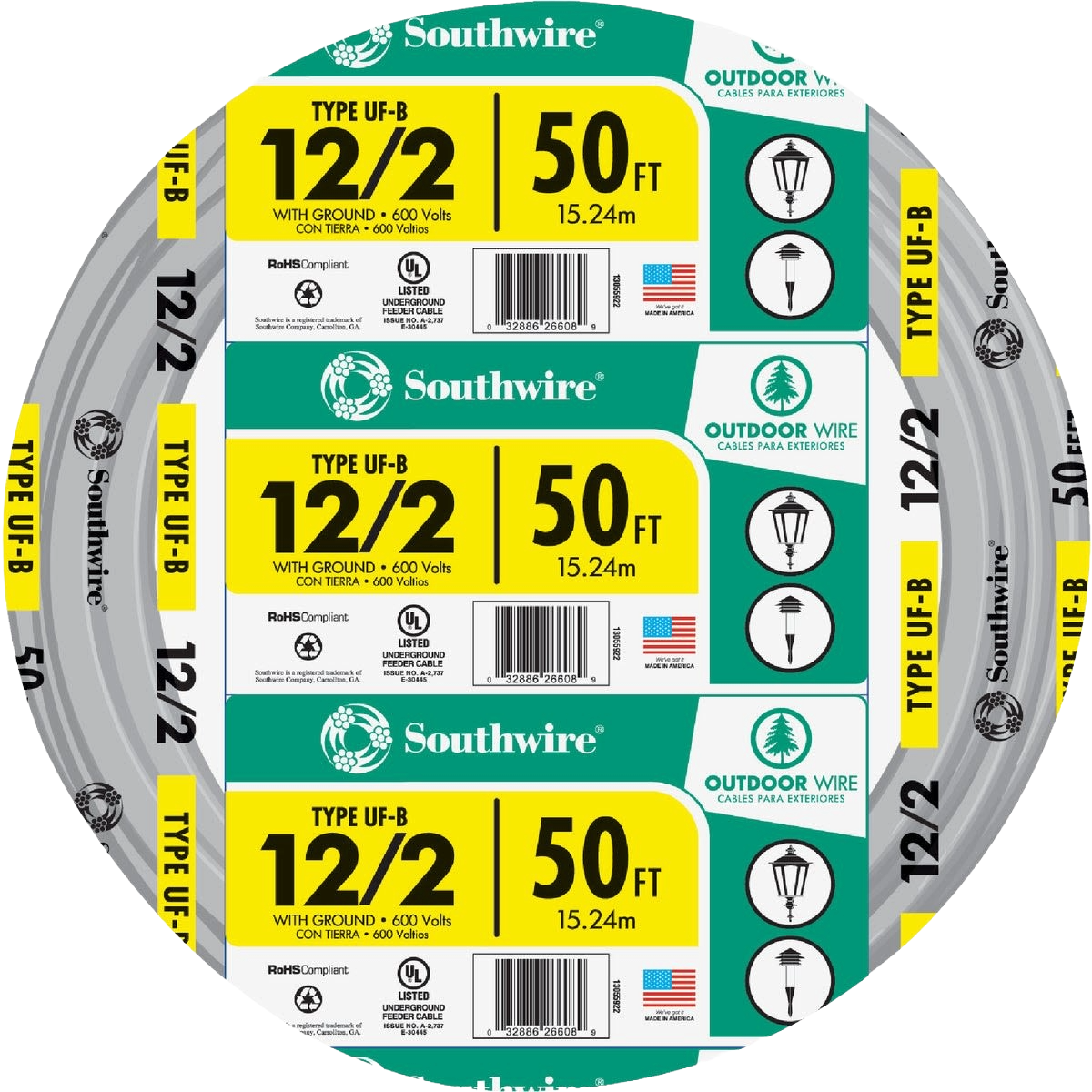 Southwire type UF-B 12/2 outdoor electrical wire spool for underground feeder in building wire collection
