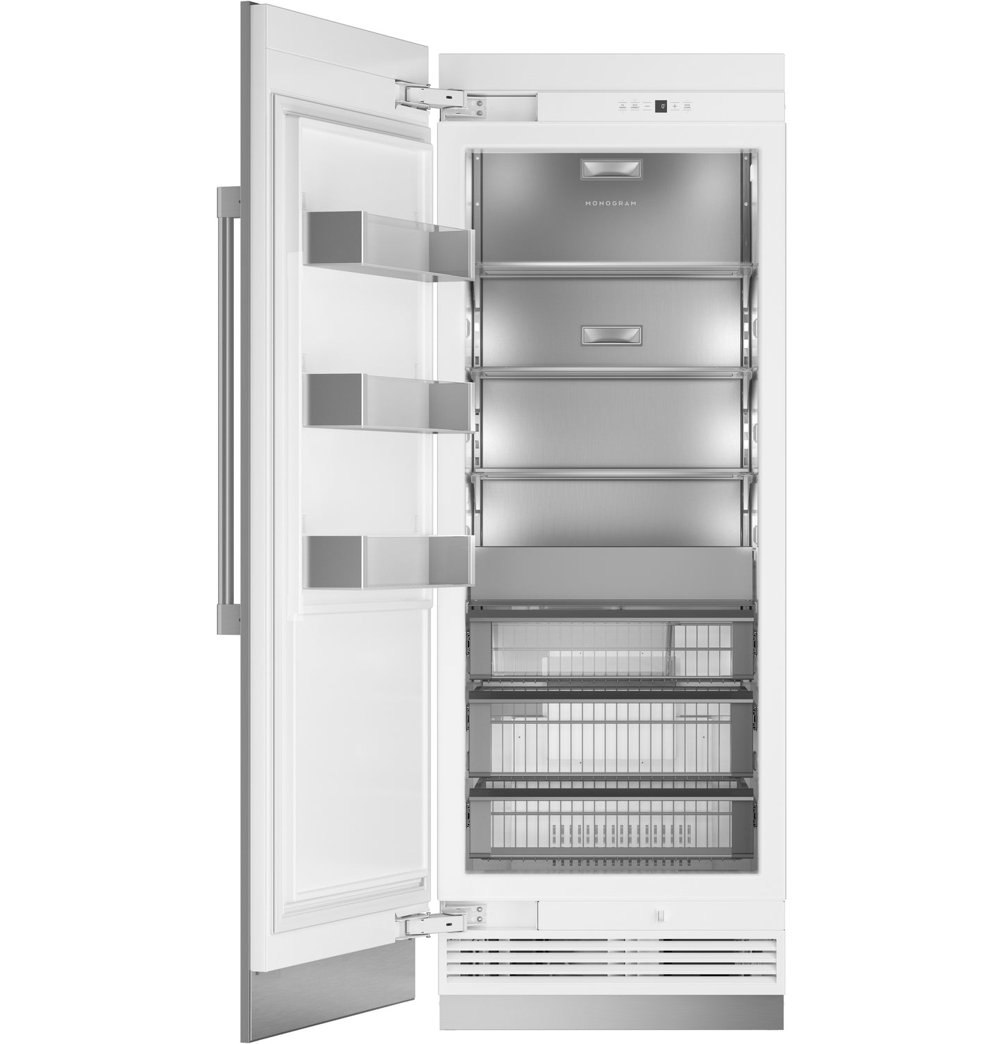 Open panel-ready integrated column freezer with multiple shelves and drawer compartments in kitchen appliances collection