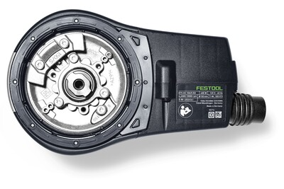 Close-up of a Festool random orbit sander motor housing for power tools in home improvement and sanding collections