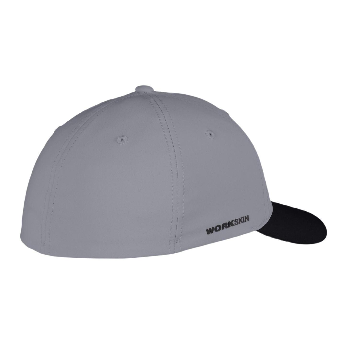 Dark gray fitted work cap with black bill and WORKSKIN logo, designed for durability in tools and home improvement tasks