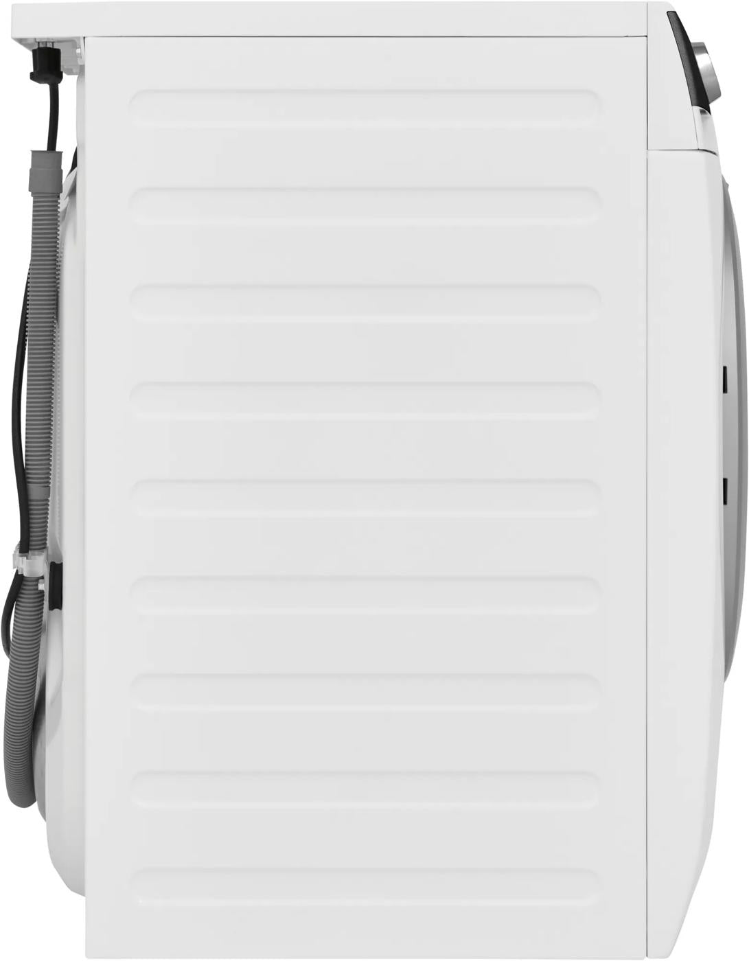 Side view of a white compact front load washer featuring ribbed panel design from washers and dryers collection
