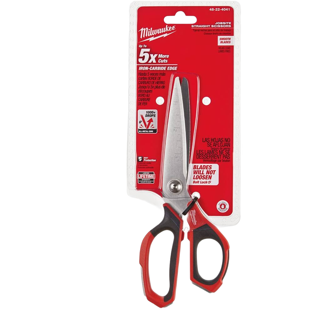 Milwaukee straight scissors with iron carbide blades and red-black ergonomic handles for precision cutting in woodworking and hand tools collections
