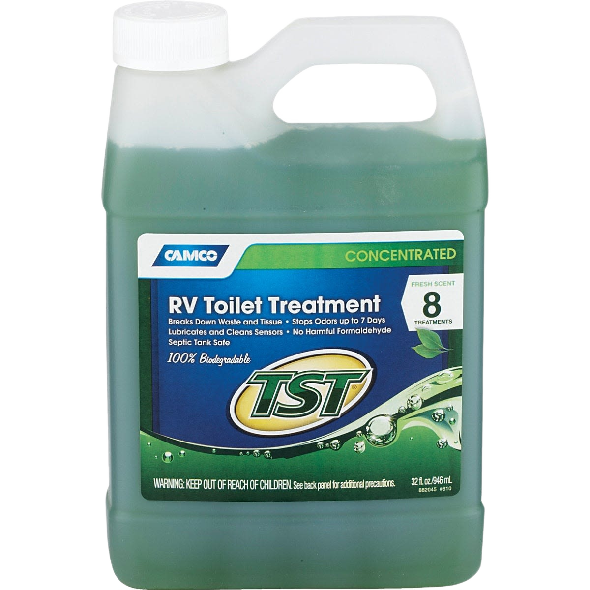 Green liquid tank deodorant container for RV toilet treatment by Camco with concentrated formula label