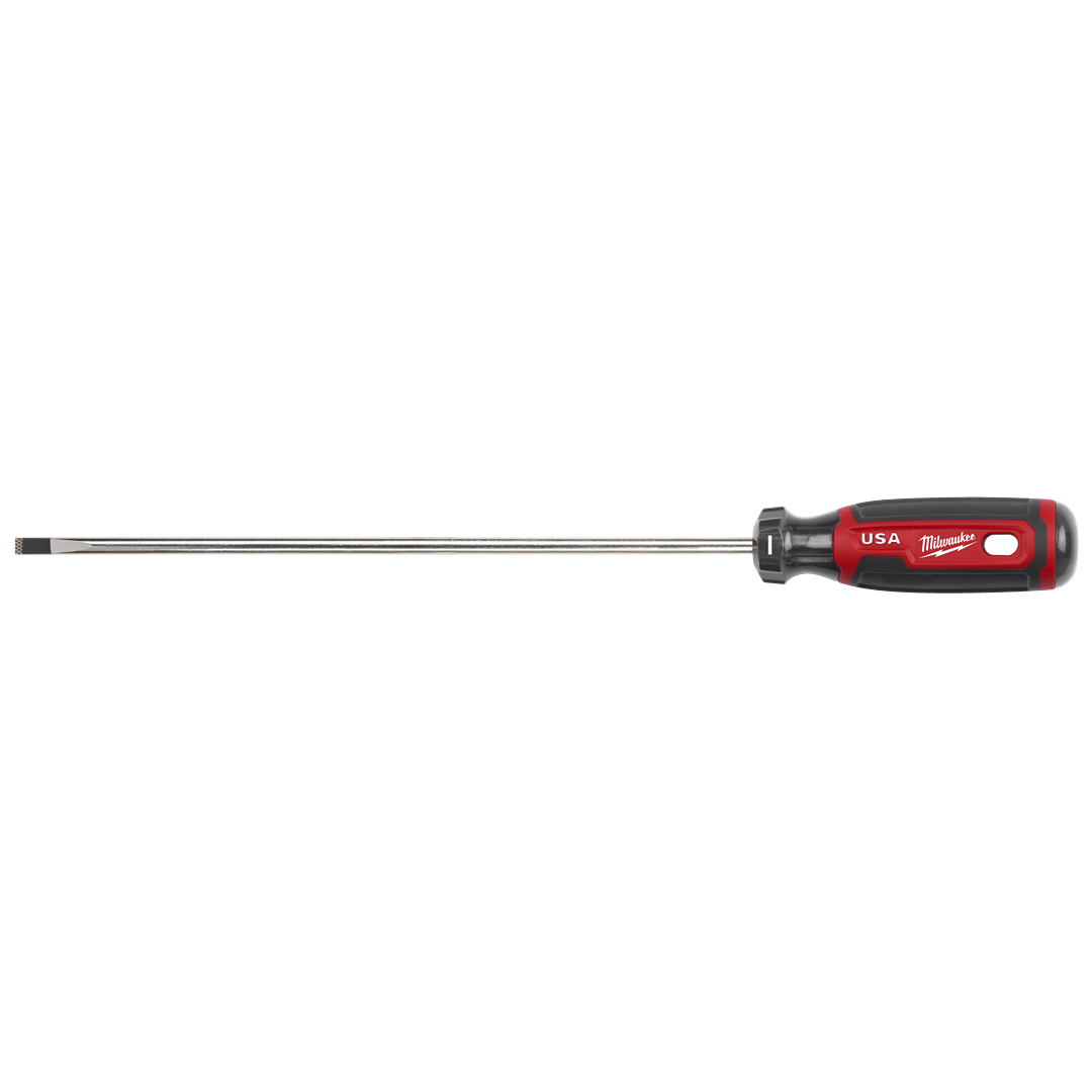 Red and black cushioned grip screwdriver with long metal shaft designed for precision tasks in tools and home improvement