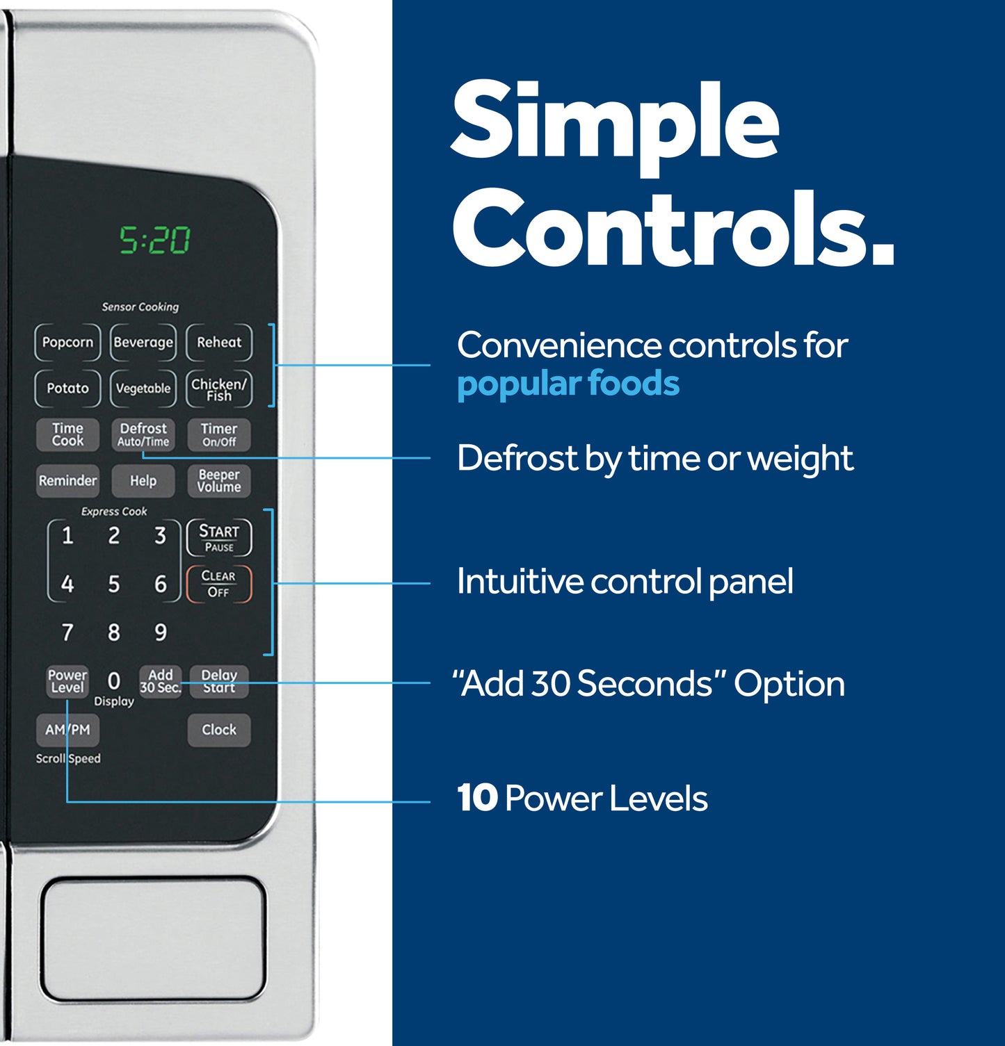 Close-up of control panel on a stainless steel microwave oven highlighting preset buttons and cooking options for kitchen appliances.