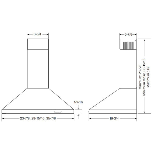 Line diagram of black stainless steel pyramidal chimney hood with detailed measurement dimensions from Over the Range Hoods collection