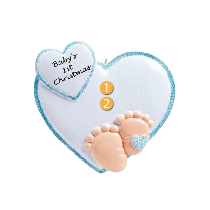 Heart-shaped ornament with baby feet and "Baby's 1st Christmas" text, festive Christmas decoration under $50