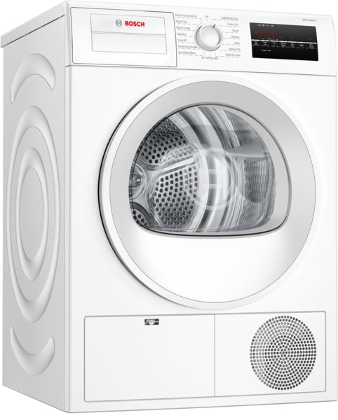 White Bosch compact condensation dryer with circular transparent door and digital control panel in Dryers collection
