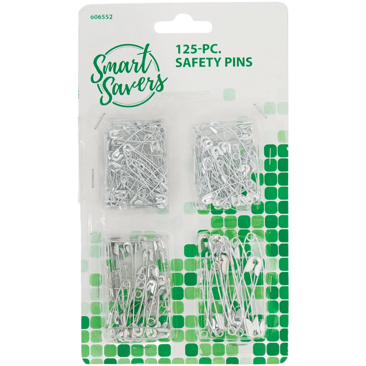 Assorted sizes of silver-tone safety pins packaged in clear plastic compartments on green and white backing for home and tools use