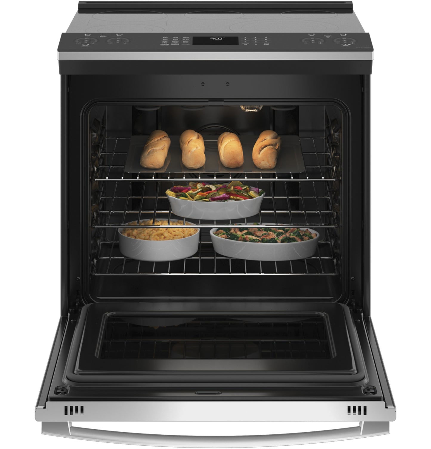 Open fingerprint resistant electric convection range with no preheat air fry, showing multiple dishes baking inside oven racks