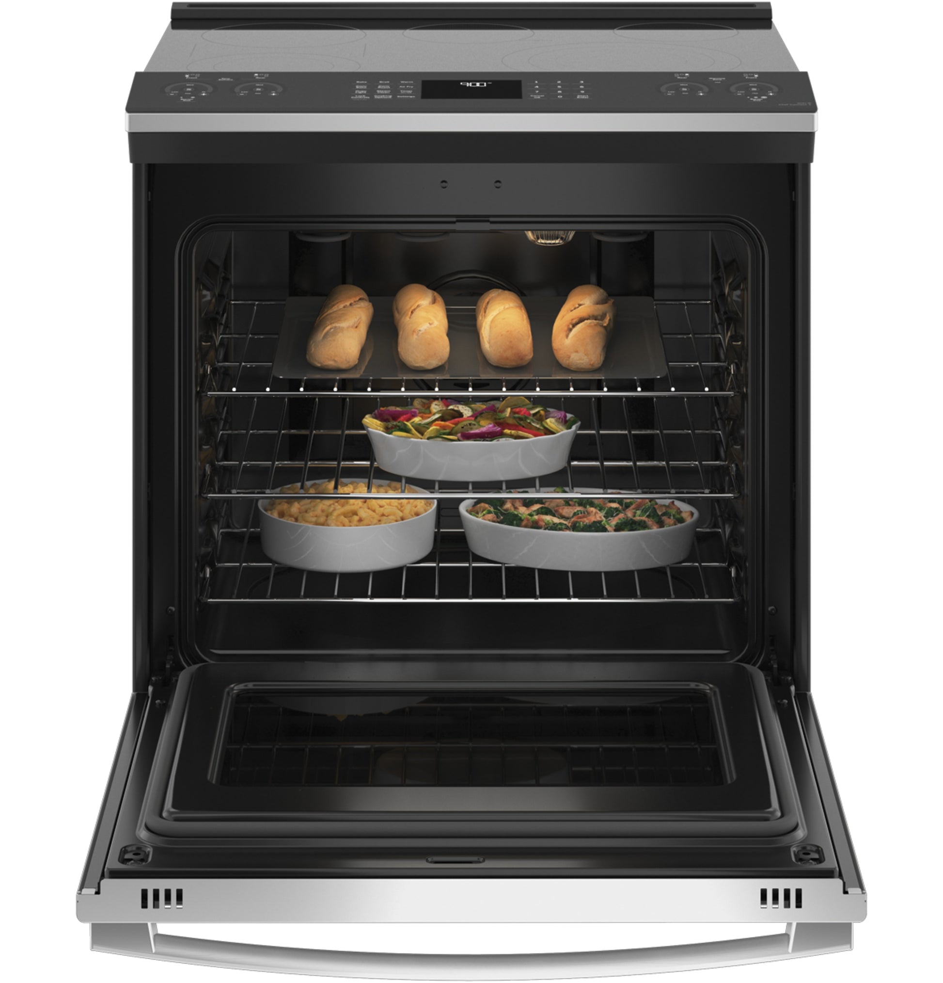 Open fingerprint resistant electric convection range with no preheat air fry, showing multiple dishes baking inside oven racks