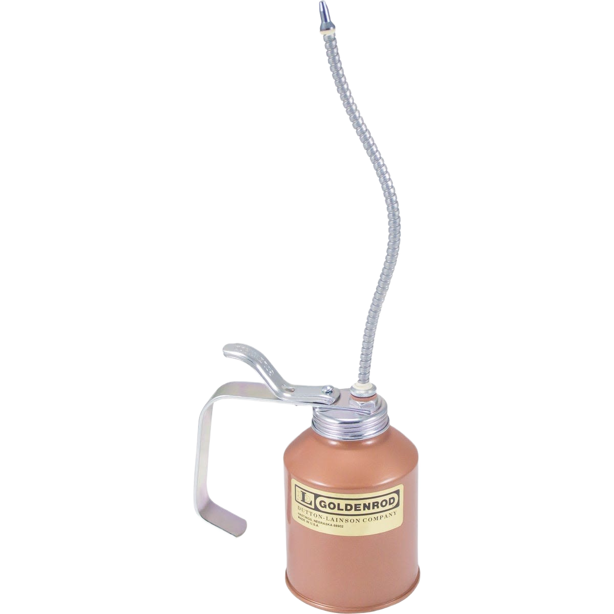 Copper-colored industrial pump oiler with flexible steel spout, ideal for automotive lubrication and home improvement tools.