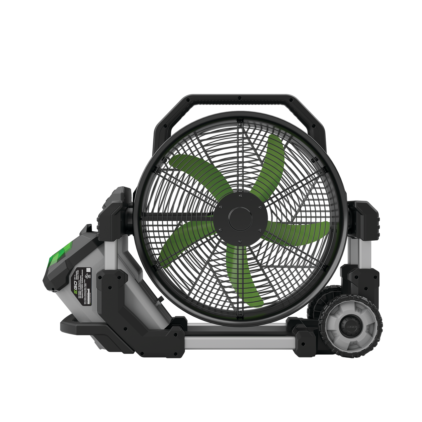 Portable battery-powered 18-inch misting fan with green blades for cooling in home improvement and power tool accessories collections