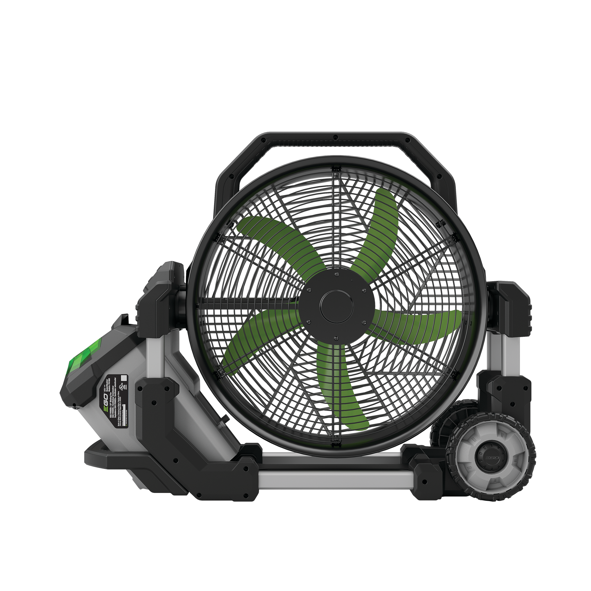 Portable battery-powered 18-inch misting fan with green blades for cooling in home improvement and power tool accessories collections