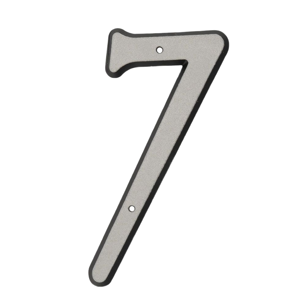Reflective gray plastic house number 7 with nail holes for mounting, part of hardware and signage under $25 collection.