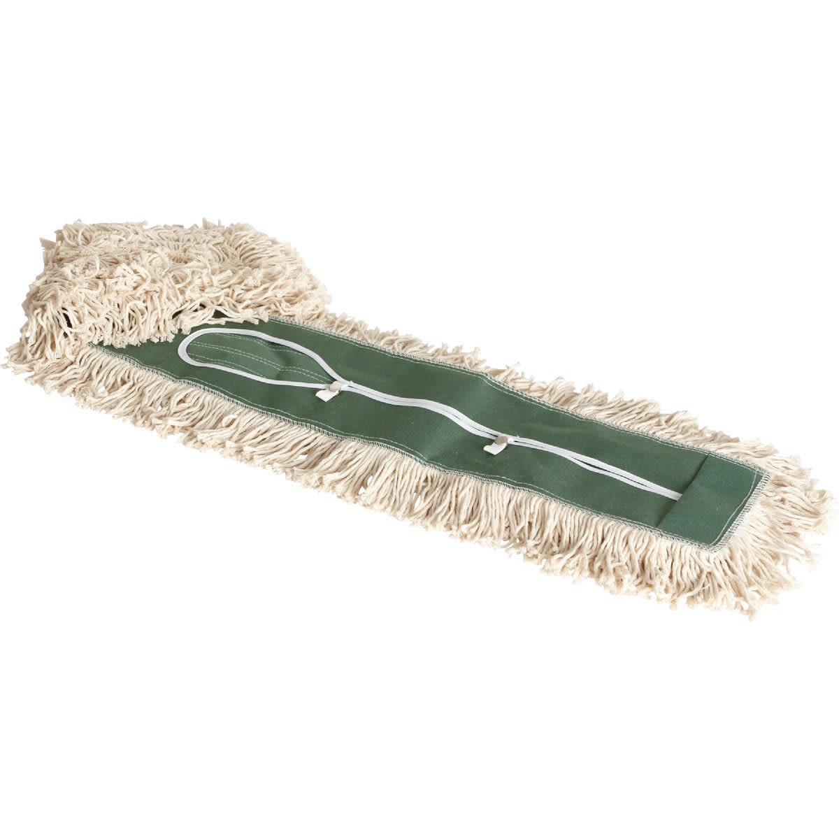 Commercial-grade cotton dust mop refill with green backing for janitorial and cleaning tools in home improvement projects