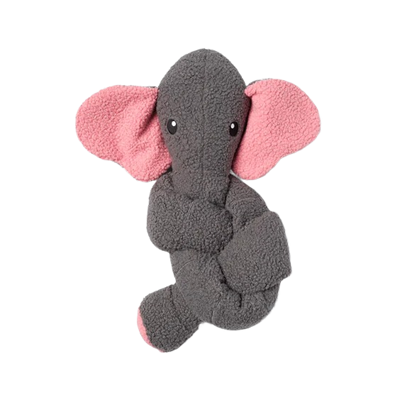 Soft Sherpa fabric dog toy shaped like a gray and pink floppy-eared elephant with squeakers and crinkle material