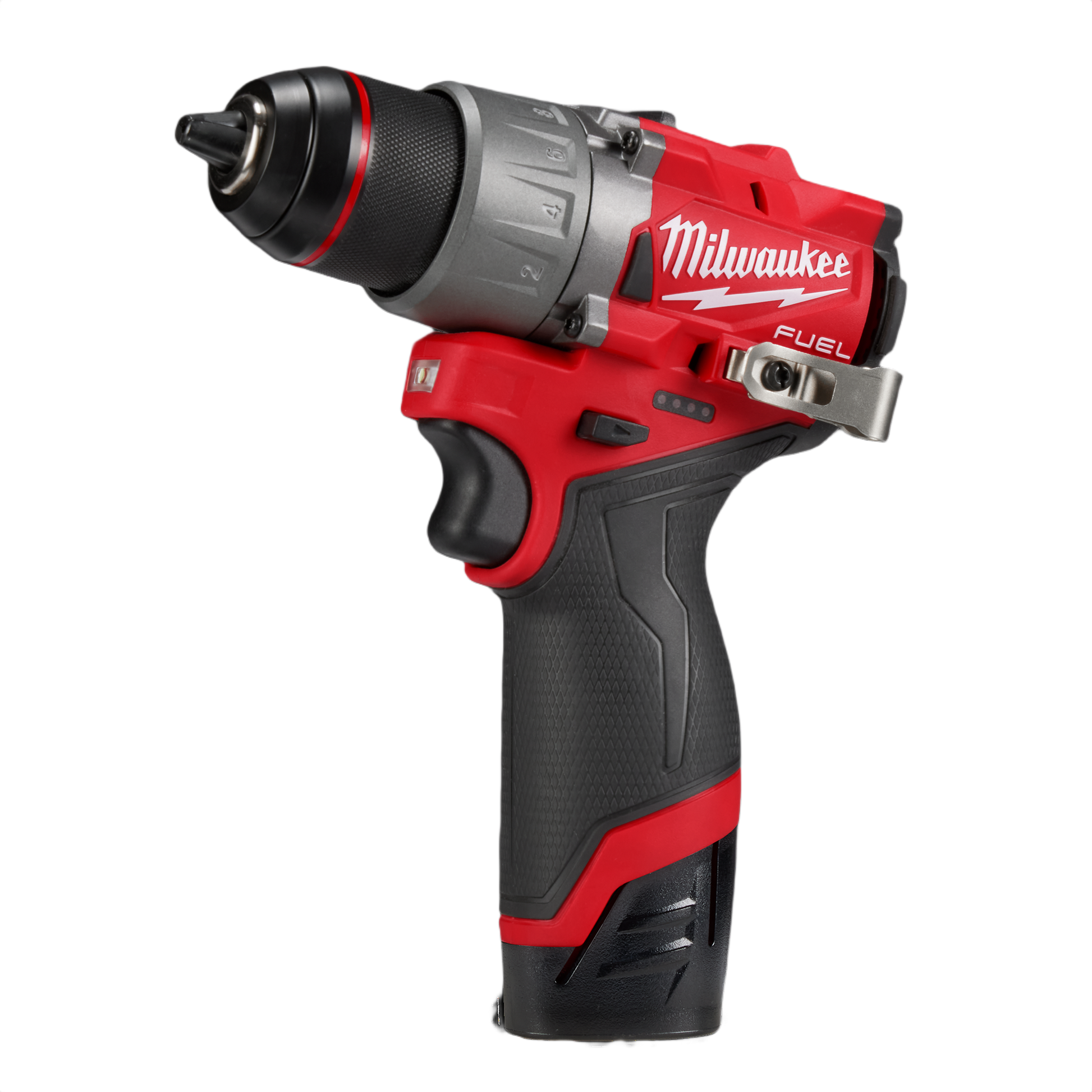 Compact red and black cordless drill driver with textured grip and metal chuck for home improvement tasks